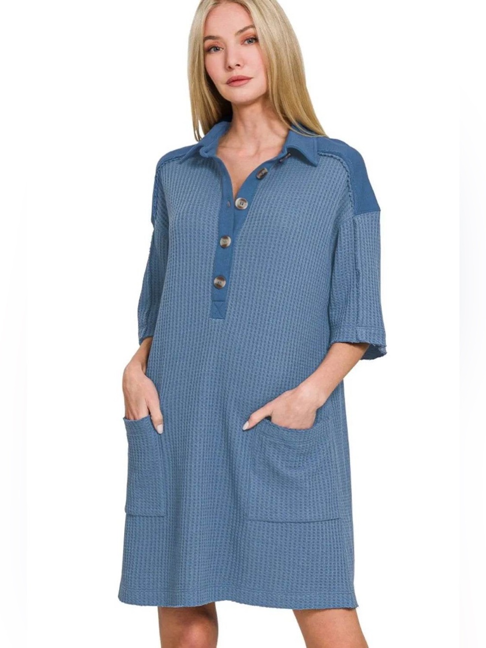 Zenana Purple Waffle Knit Half-Button Dress with Pockets Size S Oversized
